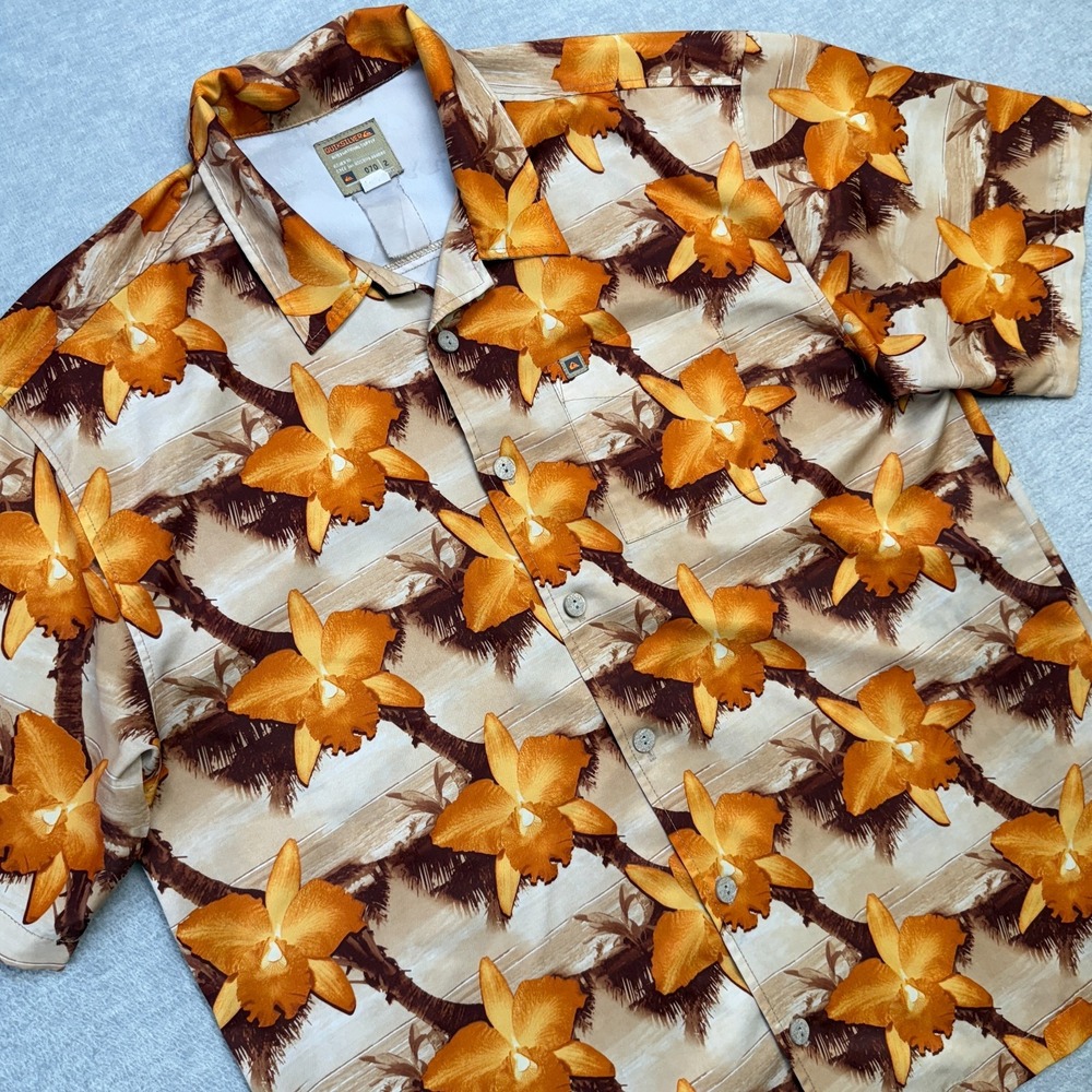 VTG Y2K Quiksilver Shirt Mens Large Floral Hawaiian Polyester Camp Surf‎ Beach
